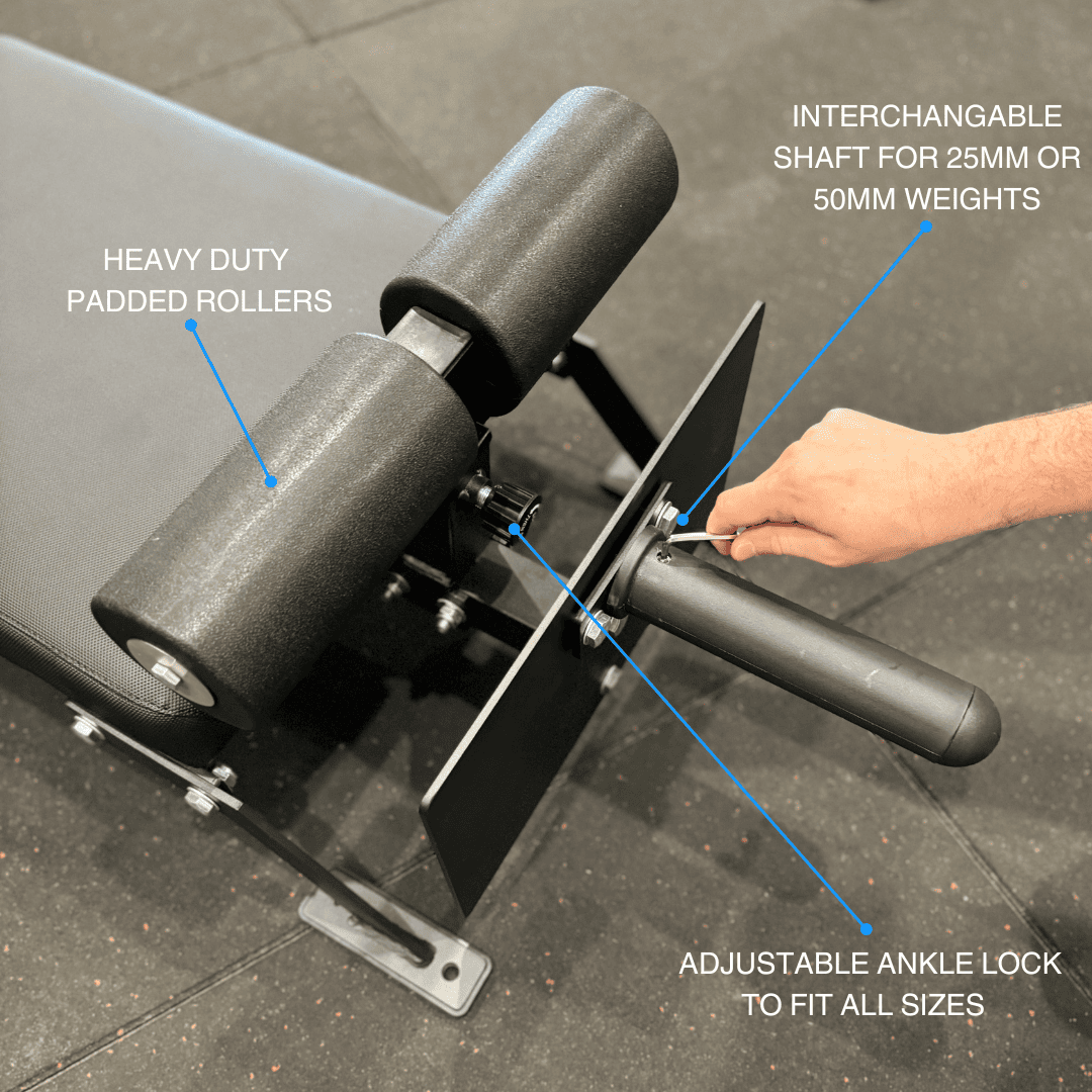 Heavy-duty padded rollers with an adjustable ankle lock, designed for various weights: interchangeable shaft for 25mm or 50mm weights.