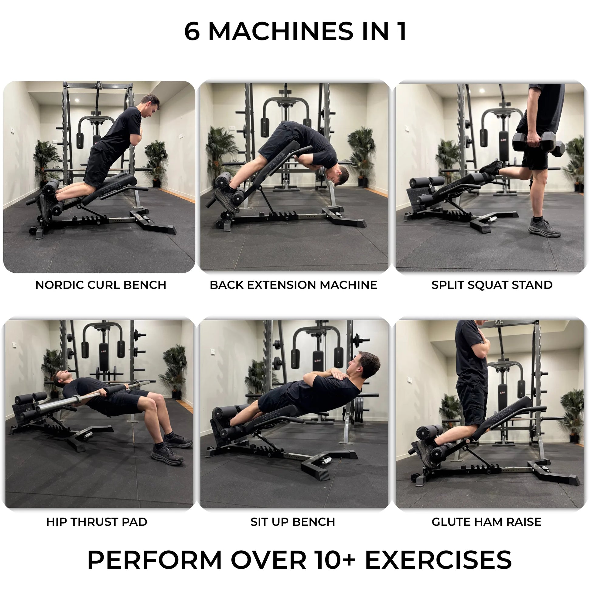 Multifunctional Back Extension machine with various exercises demonstrated.
