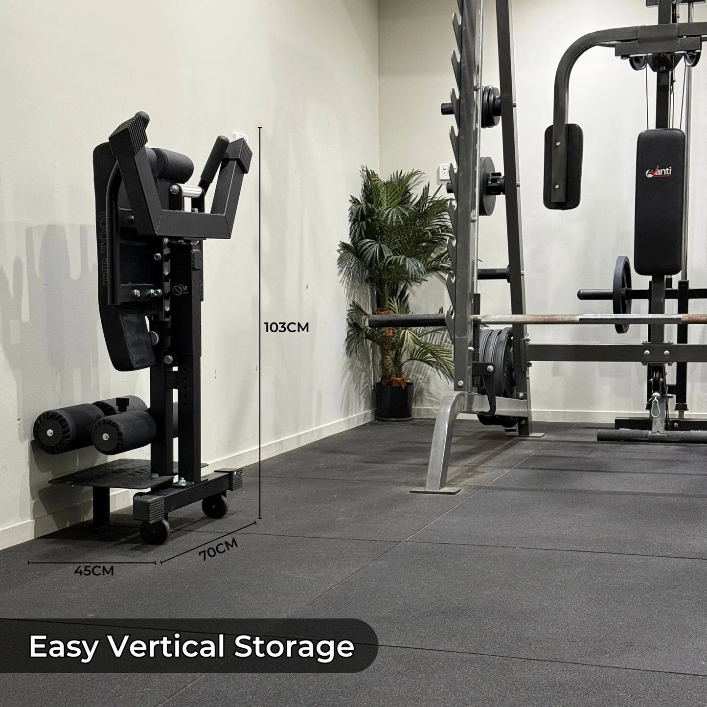 Vertical storage for back extension machine.