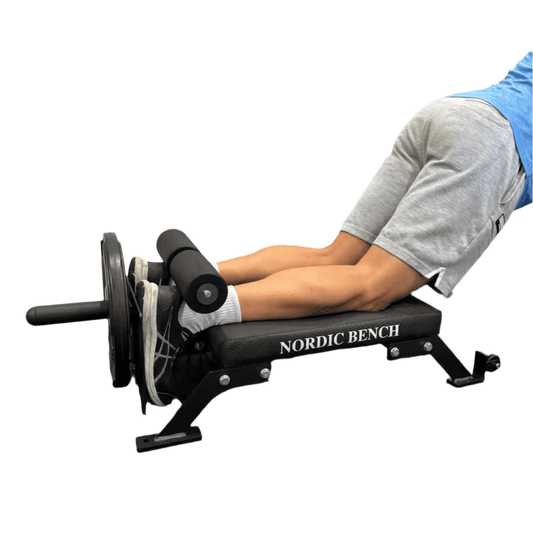 A person performing an exercise on a Nordic Bar bench in a gym, highlighting the equipment and workout form. No background. 